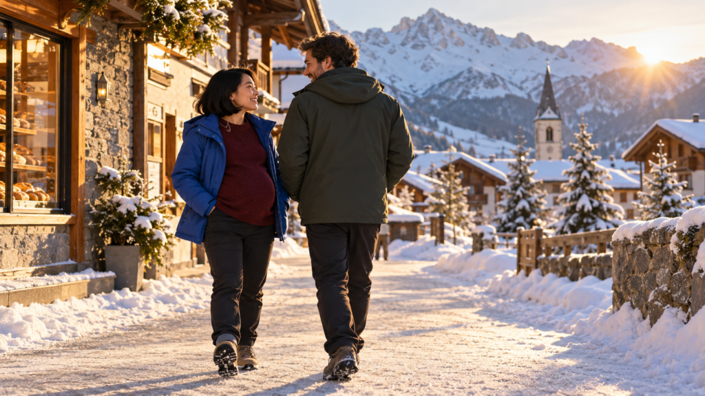 ski enceinte : femme qui se promène dans la rue d'une station de ski enneigée