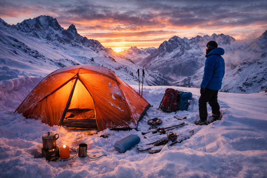 bivouac montagne hiver : tente et équipements de bivouac dans la neige. Homme de dos.