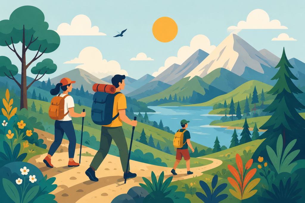 randonnée débutant : famille en montagne