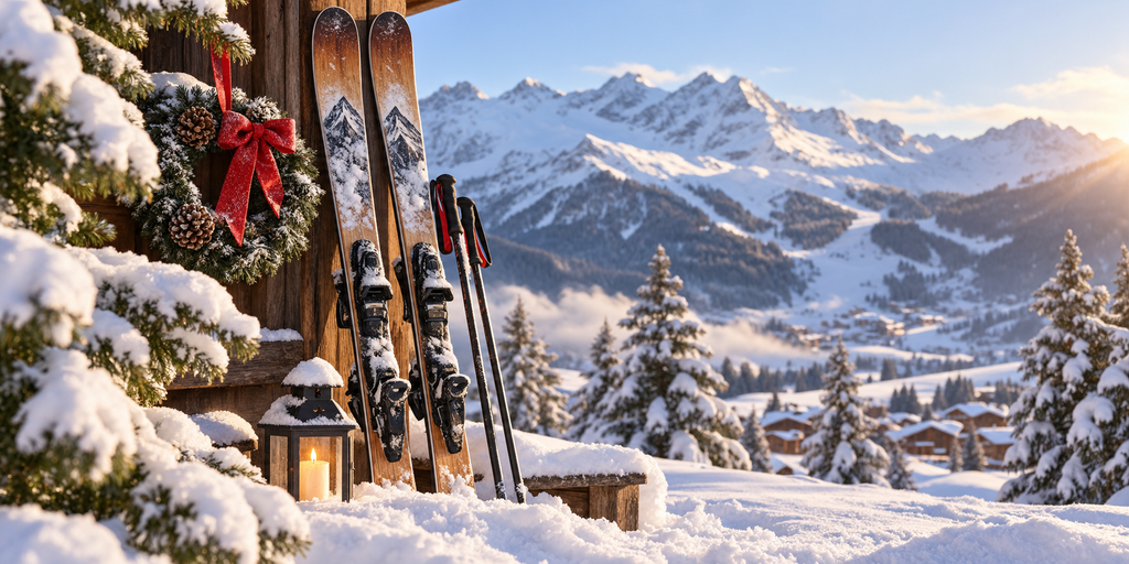 ski en décembre : pair de ski adossée à un chalet à côté d'une couronne de noël